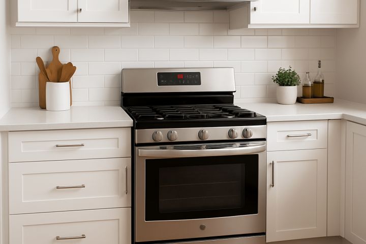 Stainless steel gas range in a white kitchen, the subject of a guide on why a gas oven heats up slowly